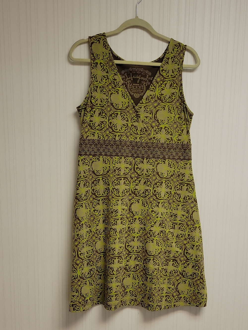 Life Is Good Olive Green Patterned Sleeveless V-Neck Dress Sz 10 Summer Outdoor